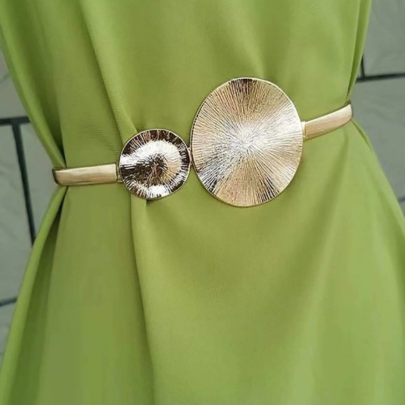 Gold Boho Womens Textured Metal Round Buckle Belt - Picture 1 of 4